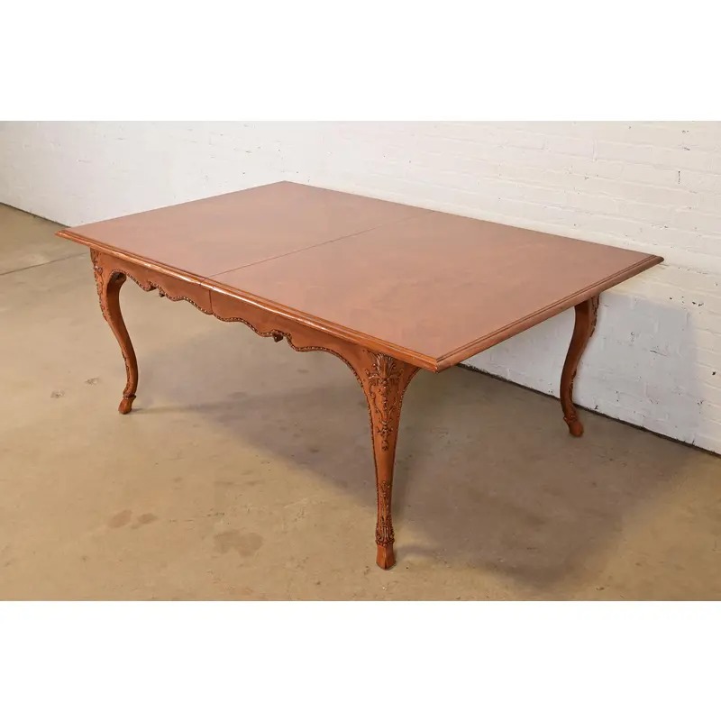 Baker Furniture Italian Provincial Carved Cherry and Burl Wood Extension Dining Table, Newly Refinished - Image 8