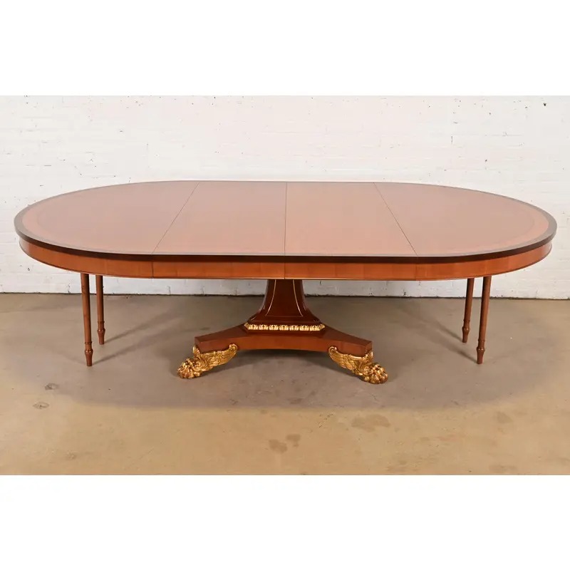 Baker Furniture Regency Cherry Wood and Parcel Gilt Paw Foot Pedestal Extension Dining Table, Newly Refinished - Image 8