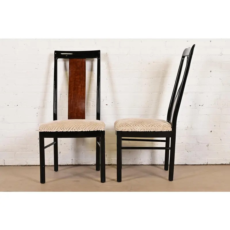 Drexel Heritage Mid-Century Modern Hollywood Regency Black Lacquer and Walnut High Back Dining Chairs, Pair - Image 8