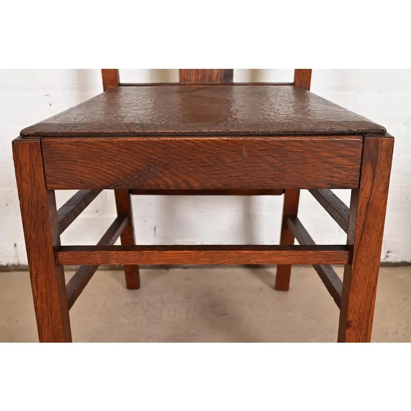 Limbert Style Antique Mission Oak Arts & Crafts T-Back Dining Chairs, Set of Four - Image 8