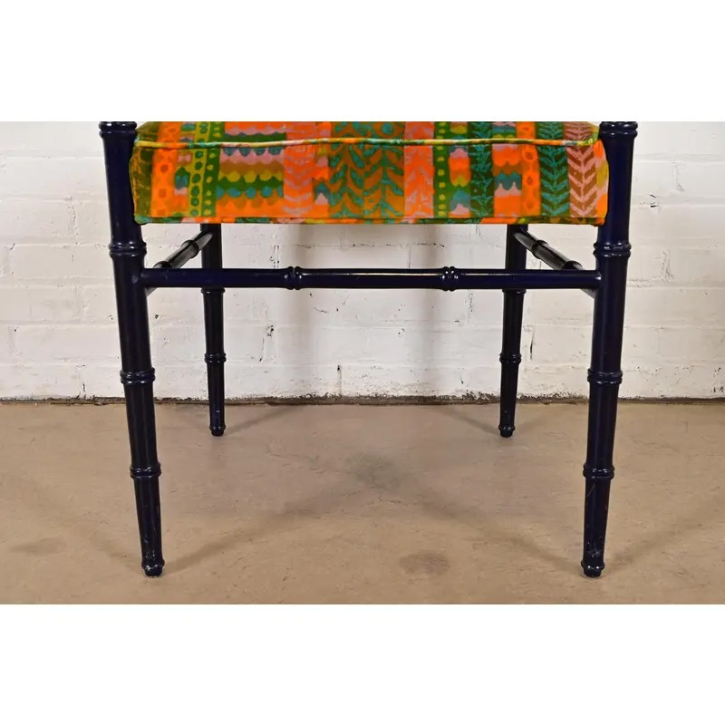 Mid-Century Hollywood Regency Ebonized Faux Bamboo Armchairs With Jack Lenor Larsen Upholstery, Pair - Image 8