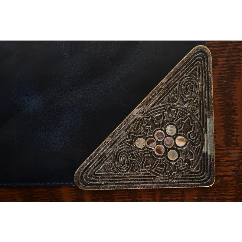 Tiffany Studios New York Silvered Bronze and Abalone Blotter Corners With Leather Desk Blotter - Image 8