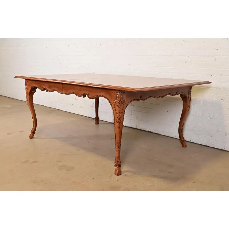 Baker Furniture Italian Provincial Carved Cherry and Burl Wood Extension Dining Table, Newly Refinished - Image 9