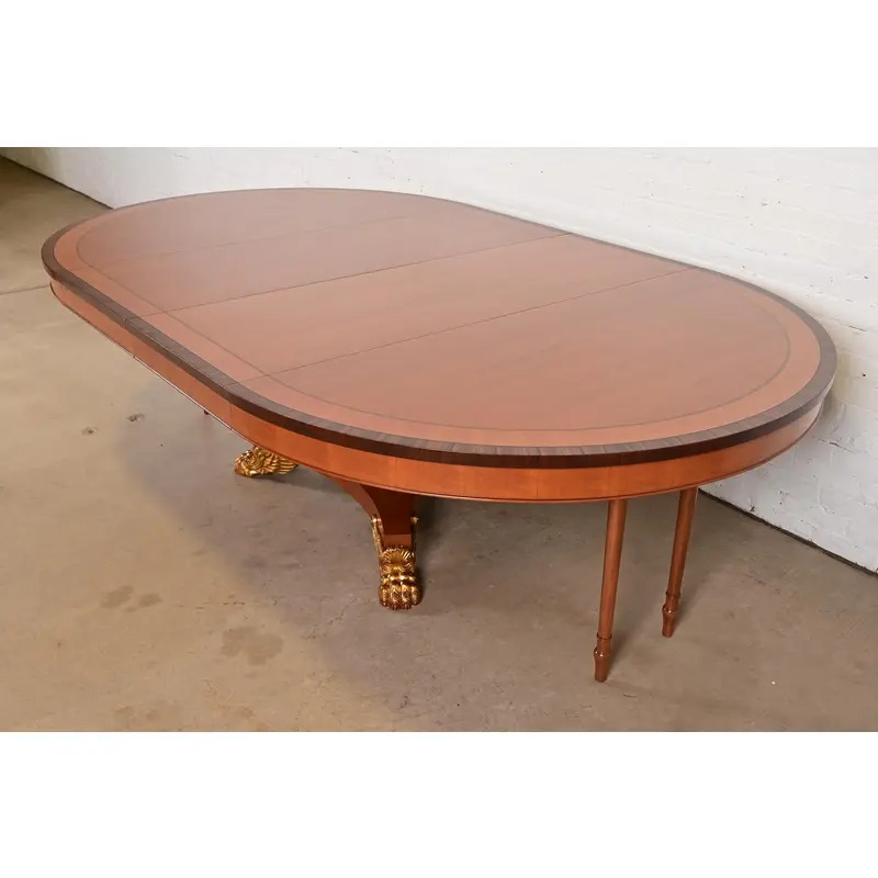 Baker Furniture Regency Cherry Wood and Parcel Gilt Paw Foot Pedestal Extension Dining Table, Newly Refinished - Image 9