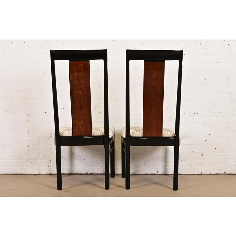 Drexel Heritage Mid-Century Modern Hollywood Regency Black Lacquer and Walnut High Back Dining Chairs, Pair - Image 9
