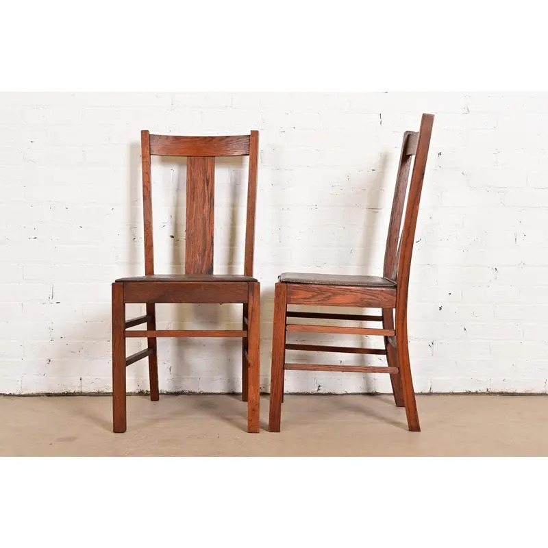 Limbert Style Antique Mission Oak Arts & Crafts T-Back Dining Chairs, Set of Four - Image 9