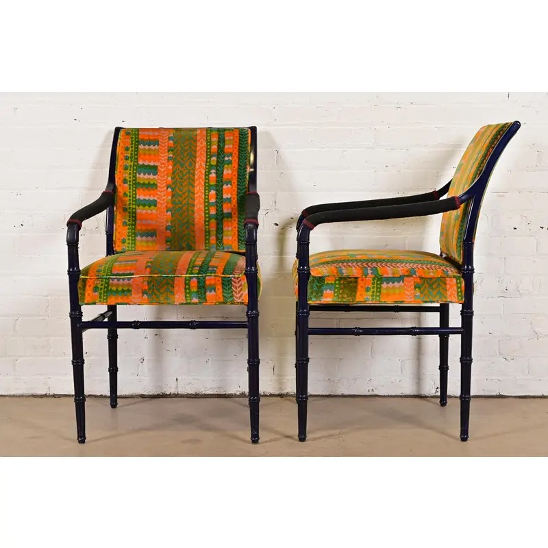 Mid-Century Hollywood Regency Ebonized Faux Bamboo Armchairs With Jack Lenor Larsen Upholstery, Pair - Image 9