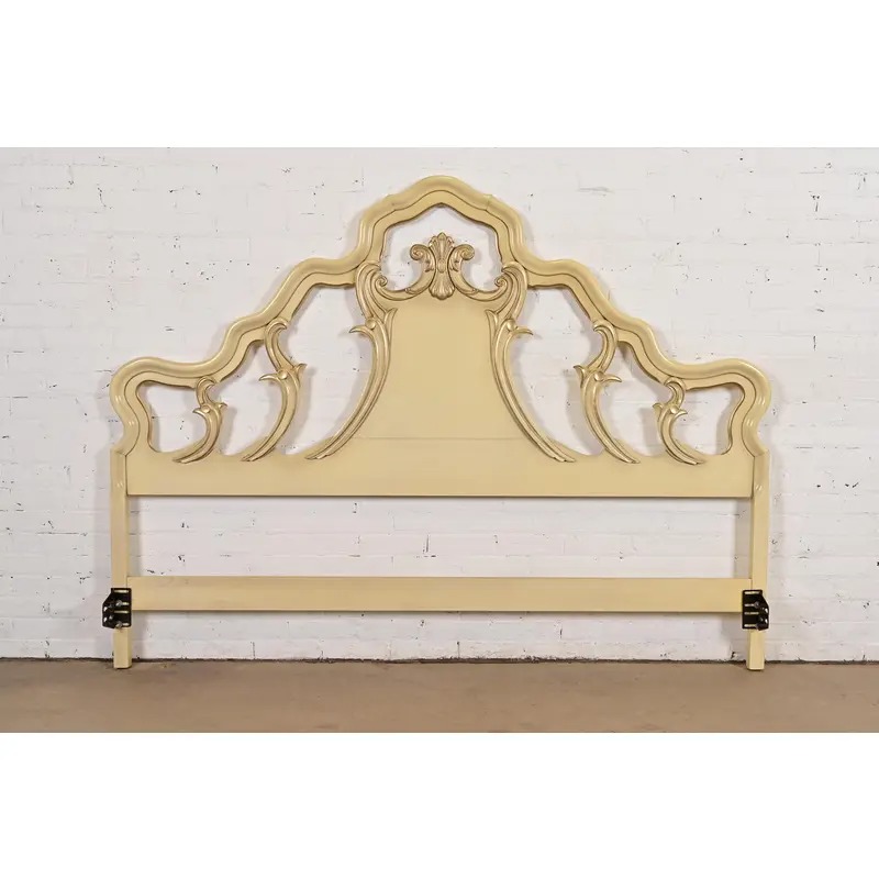 Romweber French Rococo Louis XV Cream Lacquered and Parcel Silver Gilt King Size Headboard, Circa 1950s
