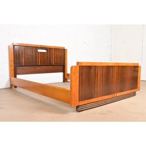 Leo Jiranek for Grand Rapids Furniture Art Deco Walnut and Burl Wood Queen Size Bed, 1930s