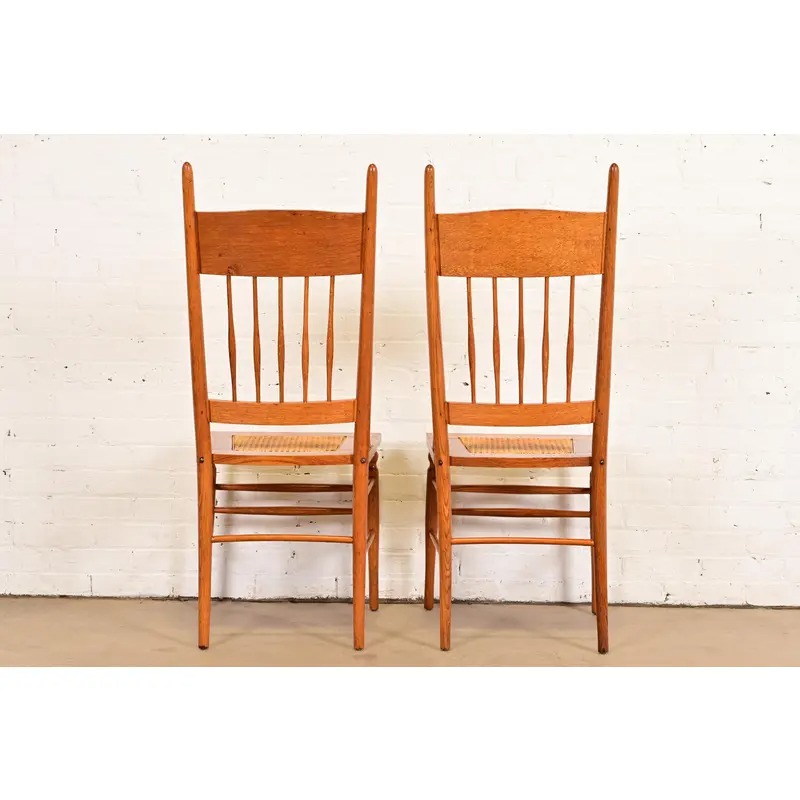 Limbert Style Antique Arts & Crafts Carved Oak Cane Seat Spindle Back Side Chairs or Dining Chairs, Pair - Image 10