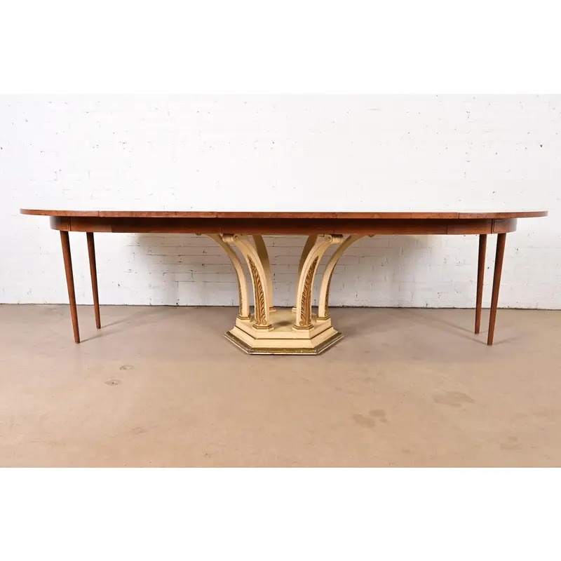 Mastercraft Italian Neoclassical Walnut and Burl Wood Parcel Gilt Pedestal Extension Dining Table - Image 10