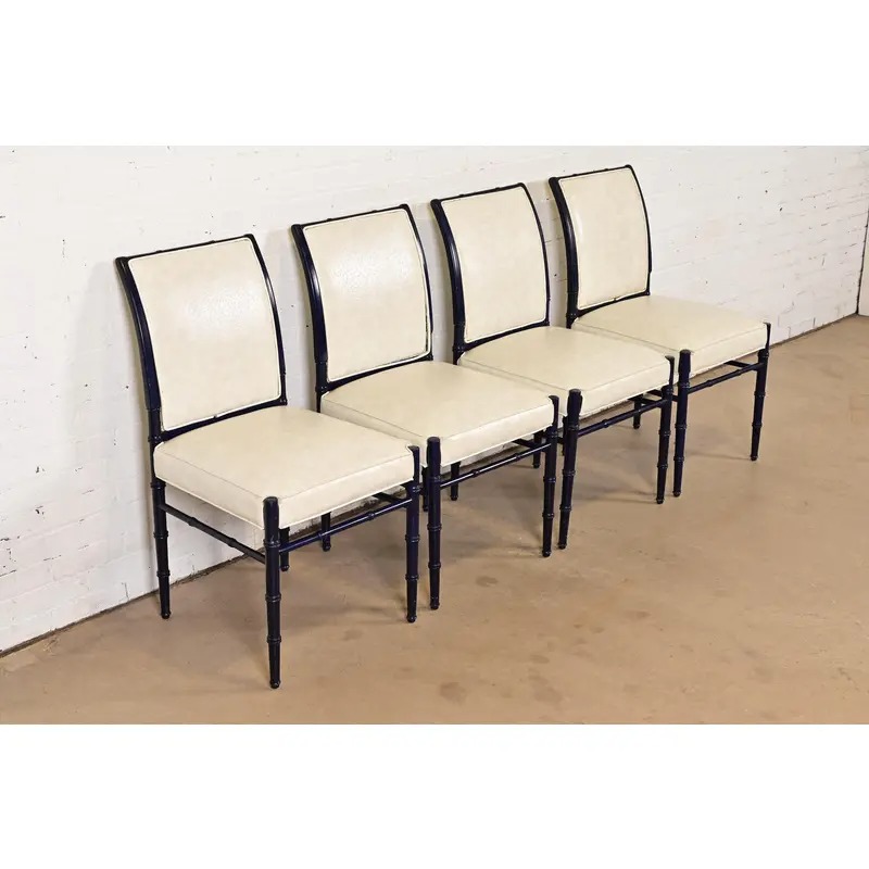 Baker Furniture Style Mid-Century Hollywood Regency Ebonized Faux Bamboo Dining Chairs, Set of Four