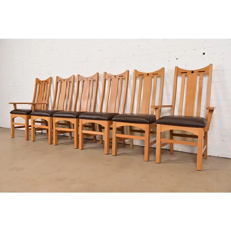 Charles Rennie Mackintosh Style Arts & Crafts Inlaid Oak High Back Armchairs, Pair - Image 11