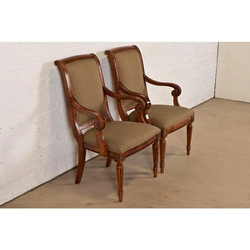 Ethan Allen French Regency Louis XVI Carved Cherry Wood Upholstered Armchairs, Pair