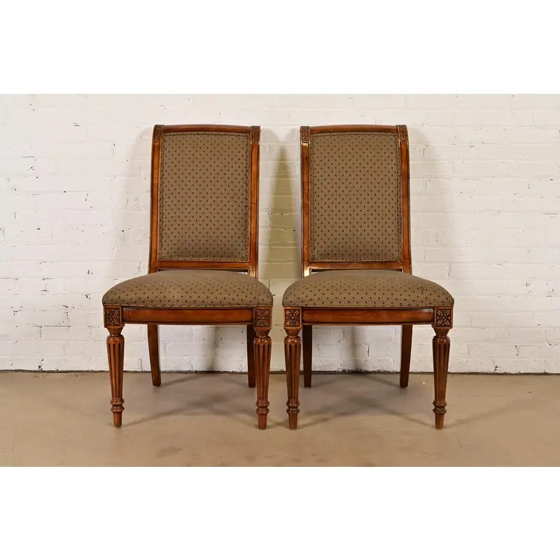 Ethan Allen French Regency Louis XVI Carved Cherry Wood Upholstered Side Chairs or Dining Chairs, Pair