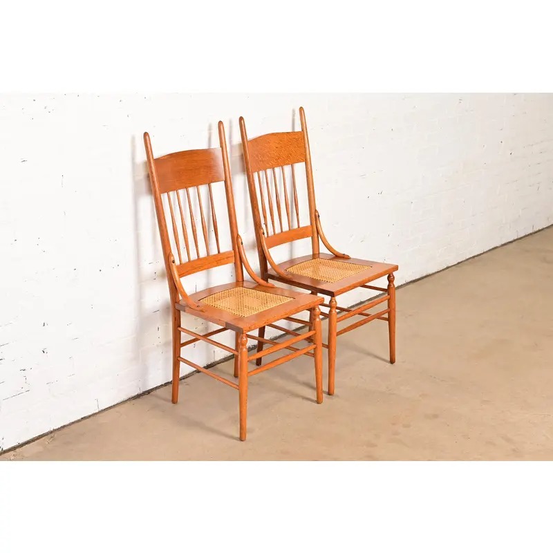 Limbert Style Antique Arts & Crafts Carved Oak Cane Seat Spindle Back Side Chairs or Dining Chairs, Pair