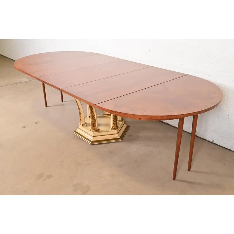 Mastercraft Italian Neoclassical Walnut and Burl Wood Parcel Gilt Pedestal Extension Dining Table - Image 11