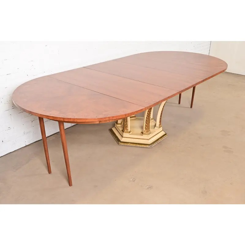 Mastercraft Italian Neoclassical Walnut and Burl Wood Parcel Gilt Pedestal Extension Dining Table - Image 12