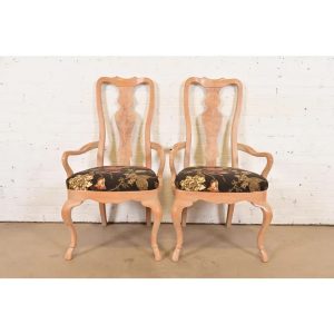 Drexel Heritage Queen Anne Carved Oak and Burl Wood Armchairs, Pair