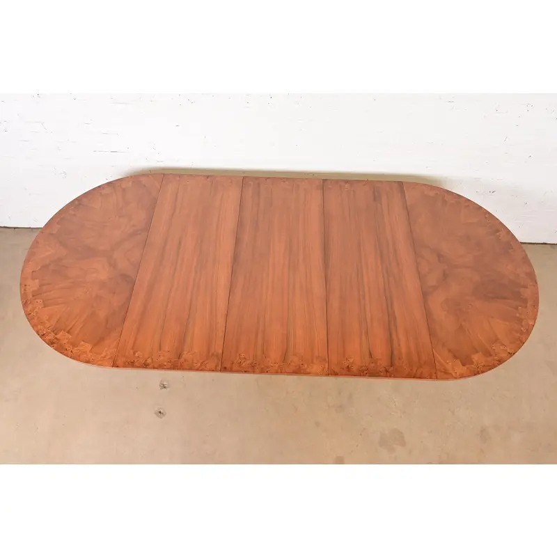 Mastercraft Italian Neoclassical Walnut and Burl Wood Parcel Gilt Pedestal Extension Dining Table - Image 13