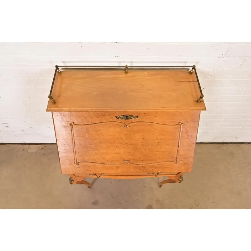Baker Furniture Style Antique French Provincial Louis XV Birdseye Maple Drop Front Secretary Desk With Mounted Brass Ormolu, Circa 1890s - Image 14