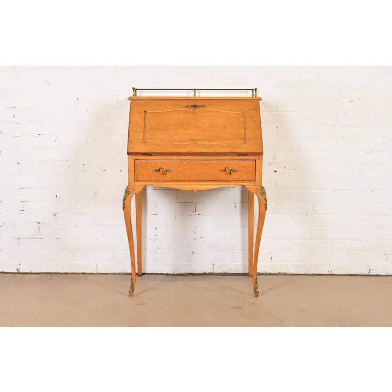 Baker Furniture Style Antique French Provincial Louis XV Birdseye Maple Drop Front Secretary Desk With Mounted Brass Ormolu, Circa 1890s - Image 2