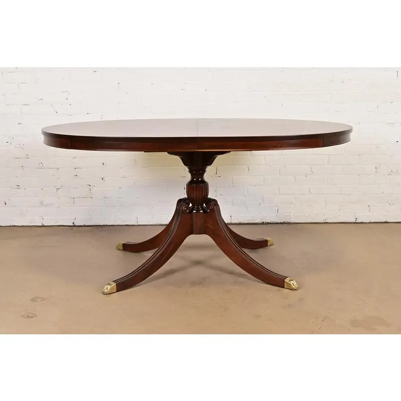 Baker Furniture Style Georgian Carved Mahogany Pedestal Extension Dining Table, Newly Refinished - Image 2