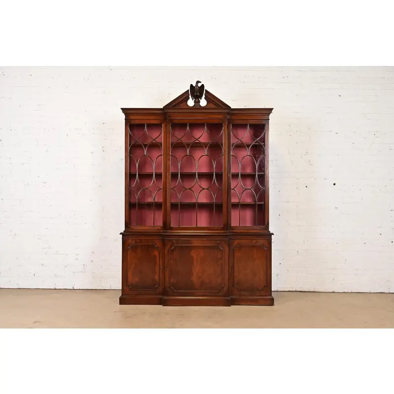 Charak Furniture Georgian Flame Mahogany Breakfront Bookcase Cabinet With Carved Eagle Finial, 1940s - Image 2
