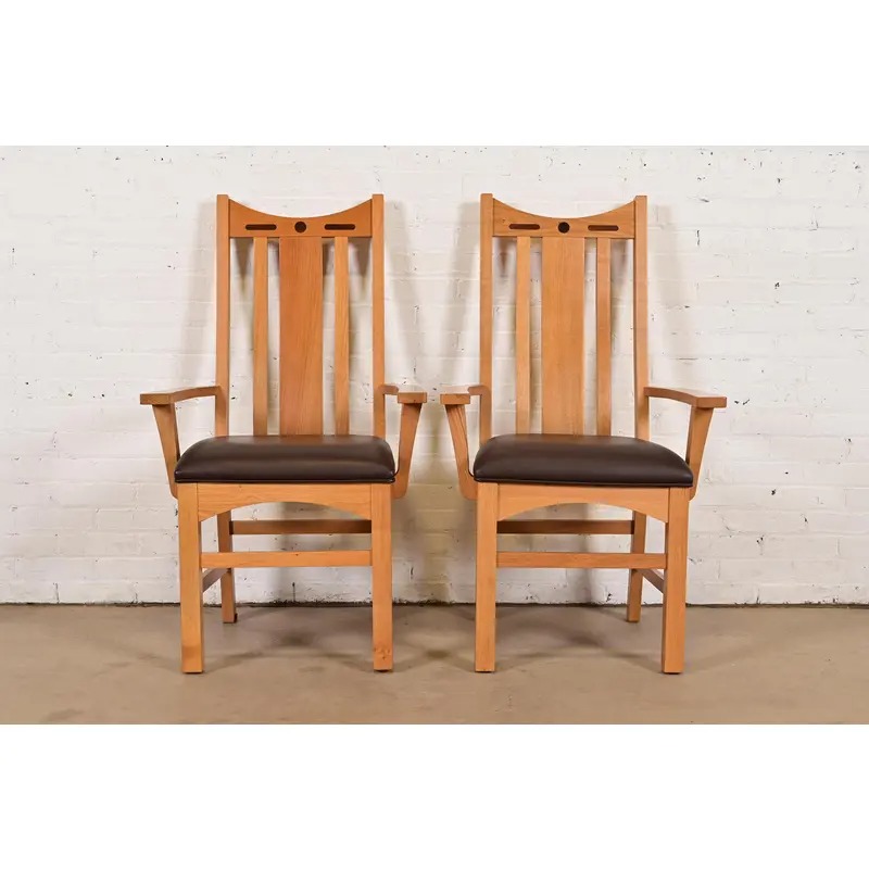 Charles Rennie Mackintosh Style Arts & Crafts Inlaid Oak High Back Armchairs, Pair - Image 2