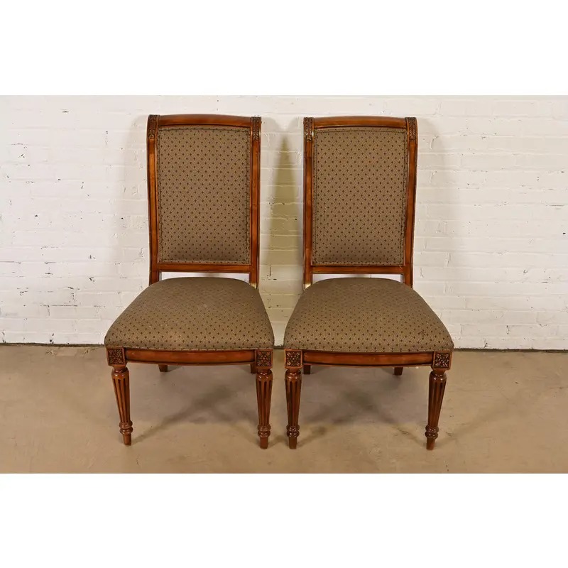 Ethan Allen French Regency Louis XVI Carved Cherry Wood Upholstered Side Chairs or Dining Chairs, Pair - Image 2