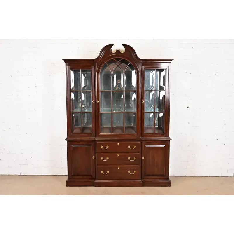 Ethan Allen Georgian Solid Cherry Wood Breakfront Bookcase Cabinet - Image 2