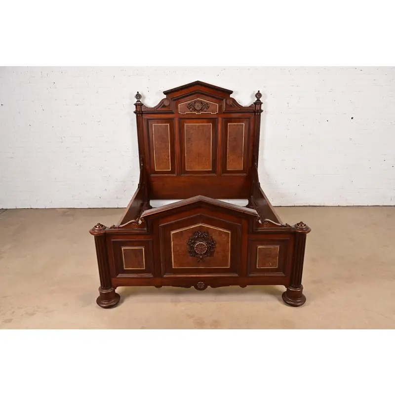 Herter Brothers Style Antique Victorian Carved Walnut and Burl Wood Full Size Bed, Circa 1880s - Image 2