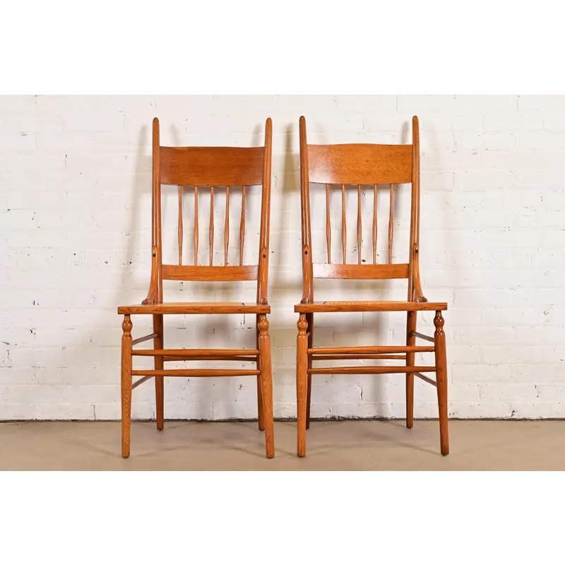 Limbert Style Antique Arts & Crafts Carved Oak Cane Seat Spindle Back Side Chairs or Dining Chairs, Pair - Image 2