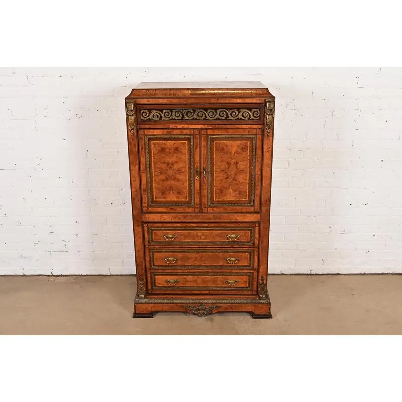 Maison Forest Style Antique French Empire Burl Wood Armoire Dresser or Gentleman's Chest With Mounted Ormolu, Circa 1880s - Image 2