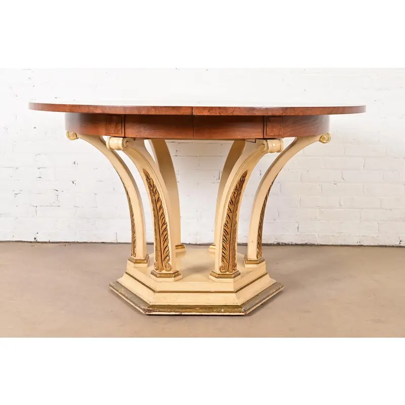 Mastercraft Italian Neoclassical Walnut and Burl Wood Parcel Gilt Pedestal Extension Dining Table - Image 2