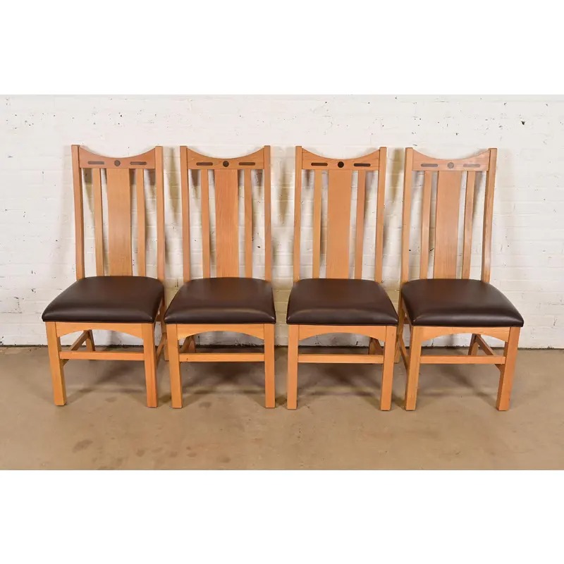 Stickley Style Mission Oak Arts & Crafts High Back Dining Chairs, Set of Four - Image 2