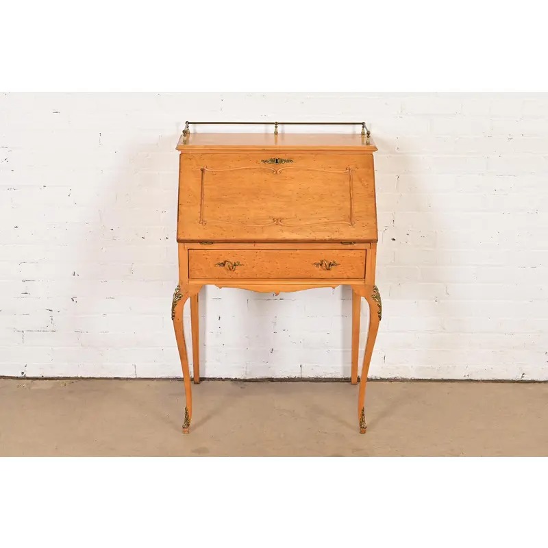 Baker Furniture Style Antique French Provincial Louis XV Birdseye Maple Drop Front Secretary Desk With Mounted Brass Ormolu, Circa 1890s - Image 3