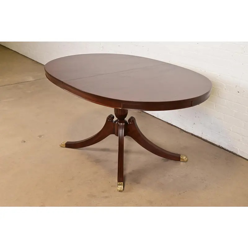 Baker Furniture Style Georgian Carved Mahogany Pedestal Extension Dining Table, Newly Refinished - Image 3