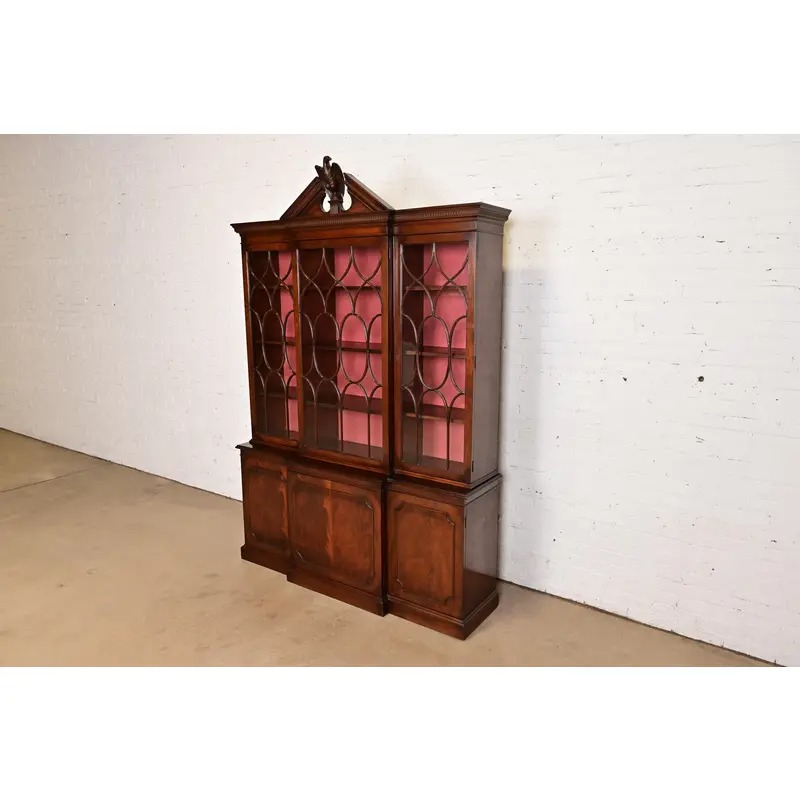 Charak Furniture Georgian Flame Mahogany Breakfront Bookcase Cabinet With Carved Eagle Finial, 1940s - Image 3