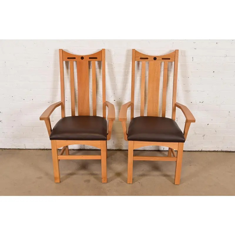 Charles Rennie Mackintosh Style Arts & Crafts Inlaid Oak High Back Armchairs, Pair - Image 3