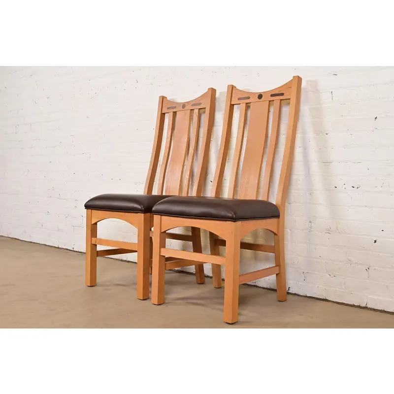 Charles Rennie Mackintosh Style Arts & Crafts Inlaid Oak High Back Side Chairs or Dining Chairs, Pair - Image 2