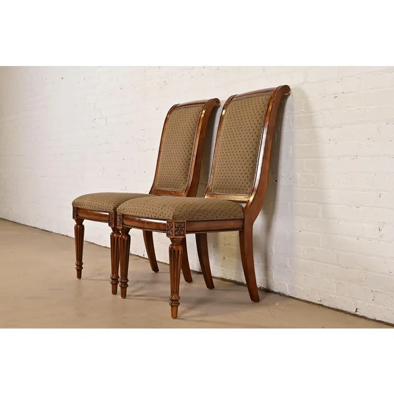 Ethan Allen French Regency Louis XVI Carved Cherry Wood Upholstered Side Chairs or Dining Chairs, Pair - Image 3