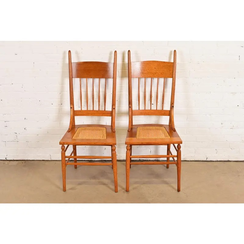 Limbert Style Antique Arts & Crafts Carved Oak Cane Seat Spindle Back Side Chairs or Dining Chairs, Pair - Image 3