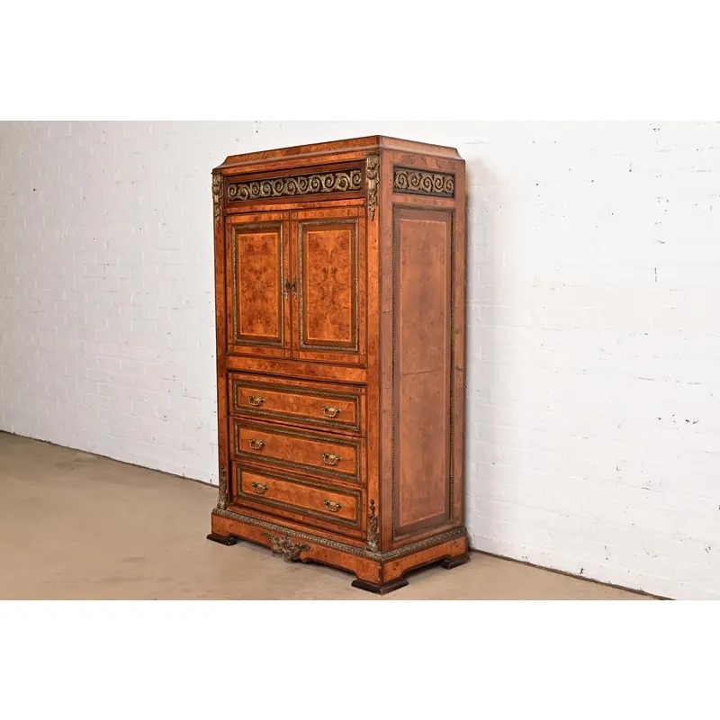Maison Forest Style Antique French Empire Burl Wood Armoire Dresser or Gentleman's Chest With Mounted Ormolu, Circa 1880s - Image 3
