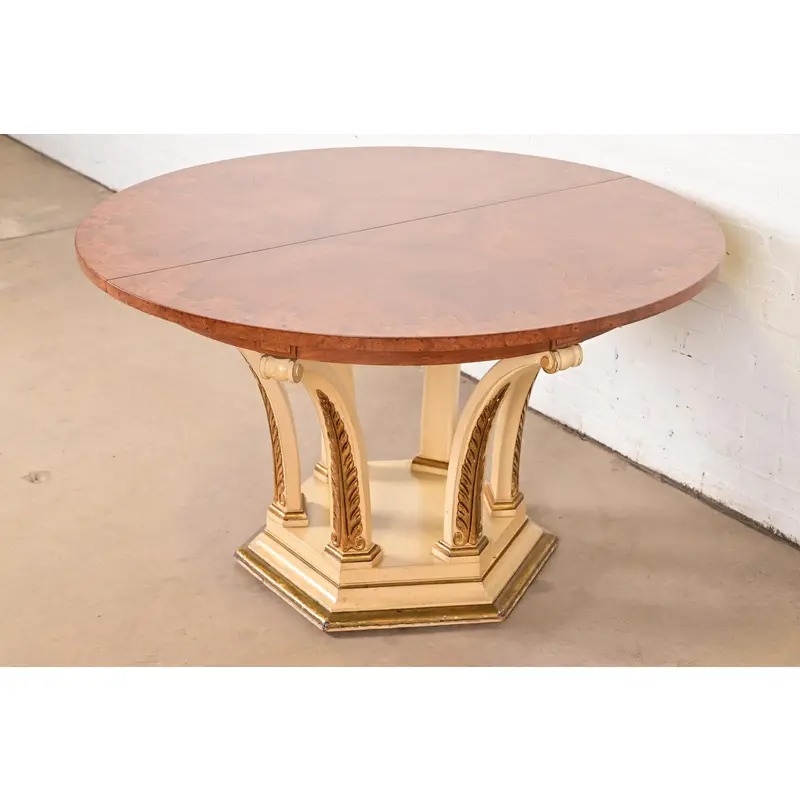 Mastercraft Italian Neoclassical Walnut and Burl Wood Parcel Gilt Pedestal Extension Dining Table - Image 3