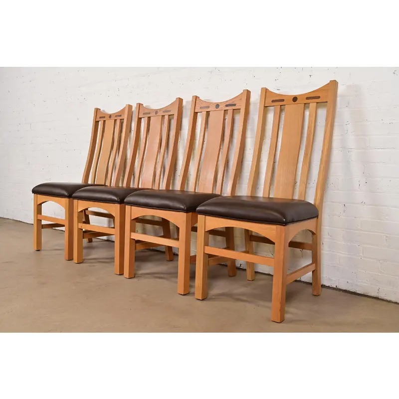 Stickley Style Mission Oak Arts & Crafts High Back Dining Chairs, Set of Four - Image 3