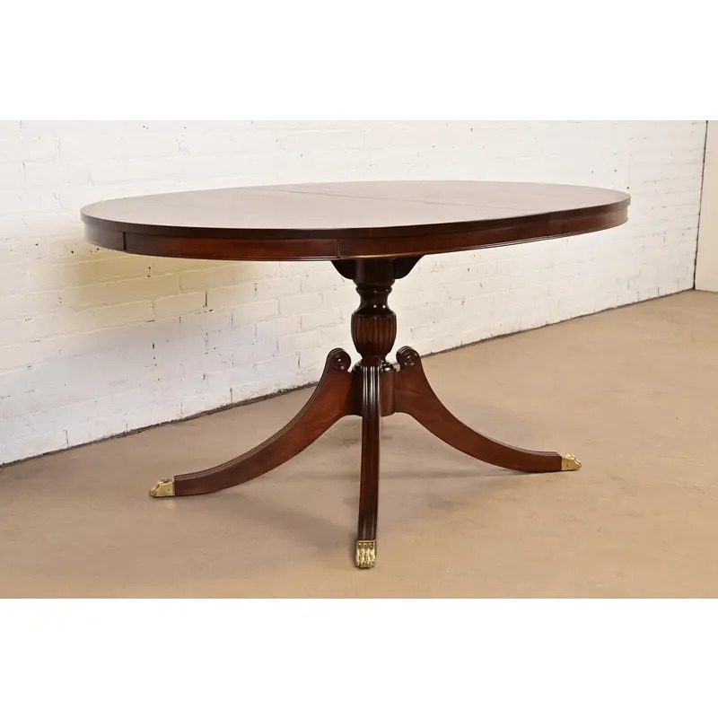 Baker Furniture Style Georgian Carved Mahogany Pedestal Extension Dining Table, Newly Refinished - Image 4