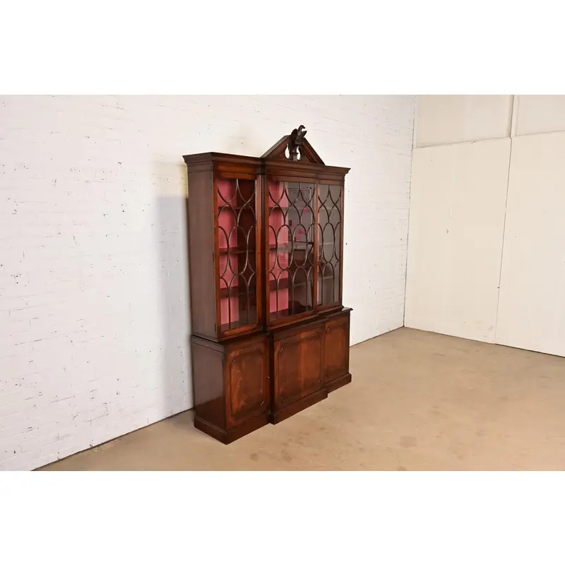 Charak Furniture Georgian Flame Mahogany Breakfront Bookcase Cabinet With Carved Eagle Finial, 1940s - Image 4