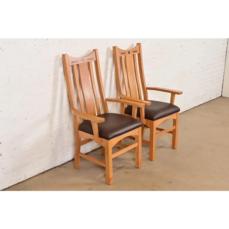 Charles Rennie Mackintosh Style Arts & Crafts Inlaid Oak High Back Armchairs, Pair - Image 4