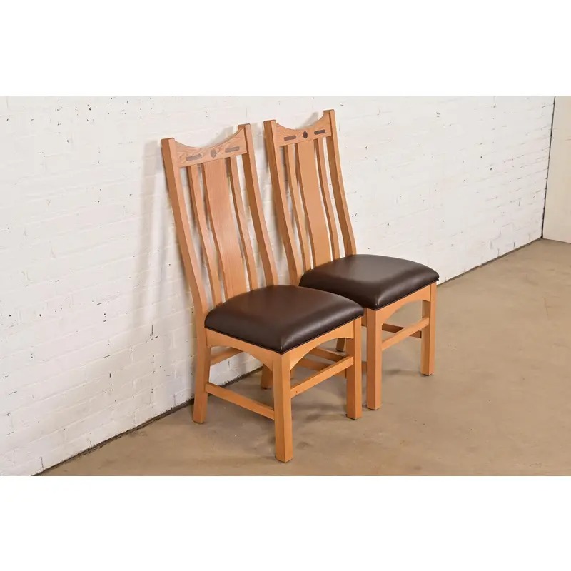 Charles Rennie Mackintosh Style Arts & Crafts Inlaid Oak High Back Side Chairs or Dining Chairs, Pair - Image 3